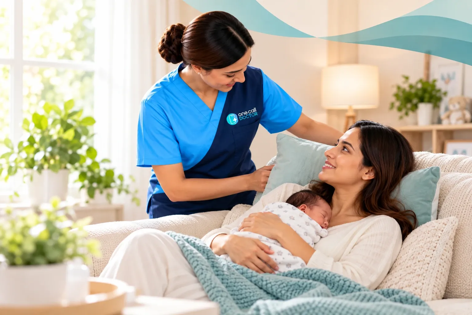 One Call Doctor nurse helping a mother rest comfortably with her newborn after a C-section