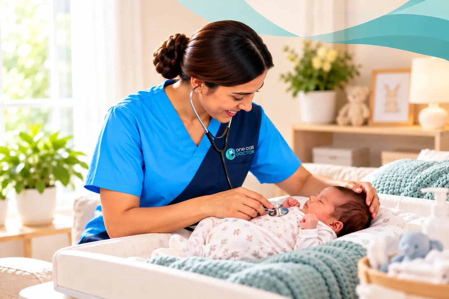 NICU-experienced One Call Doctor nurse checking a newborn with a stethoscope at home