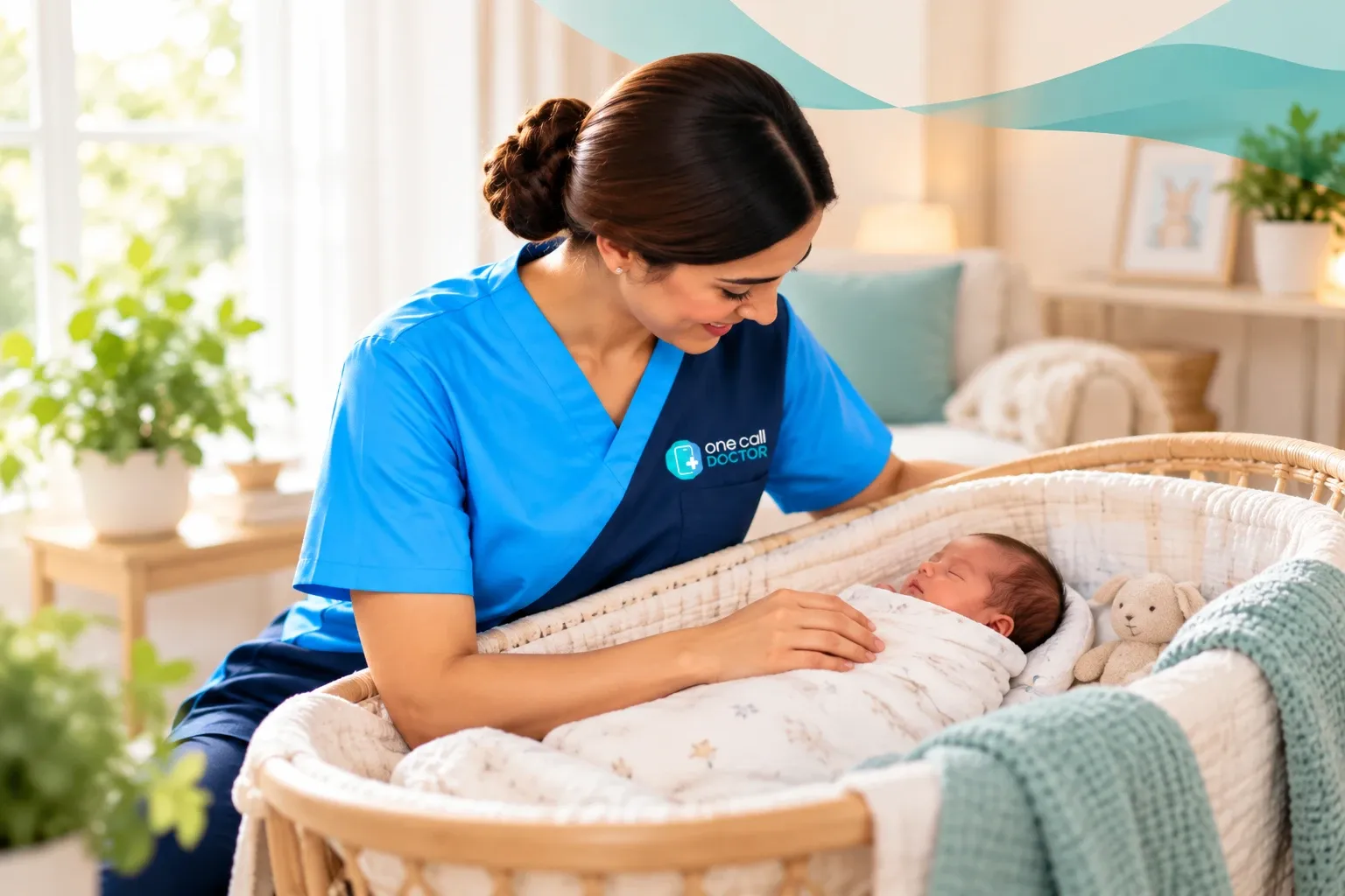 One Call Doctor nurse caring for a small premature baby in a bassinet at home