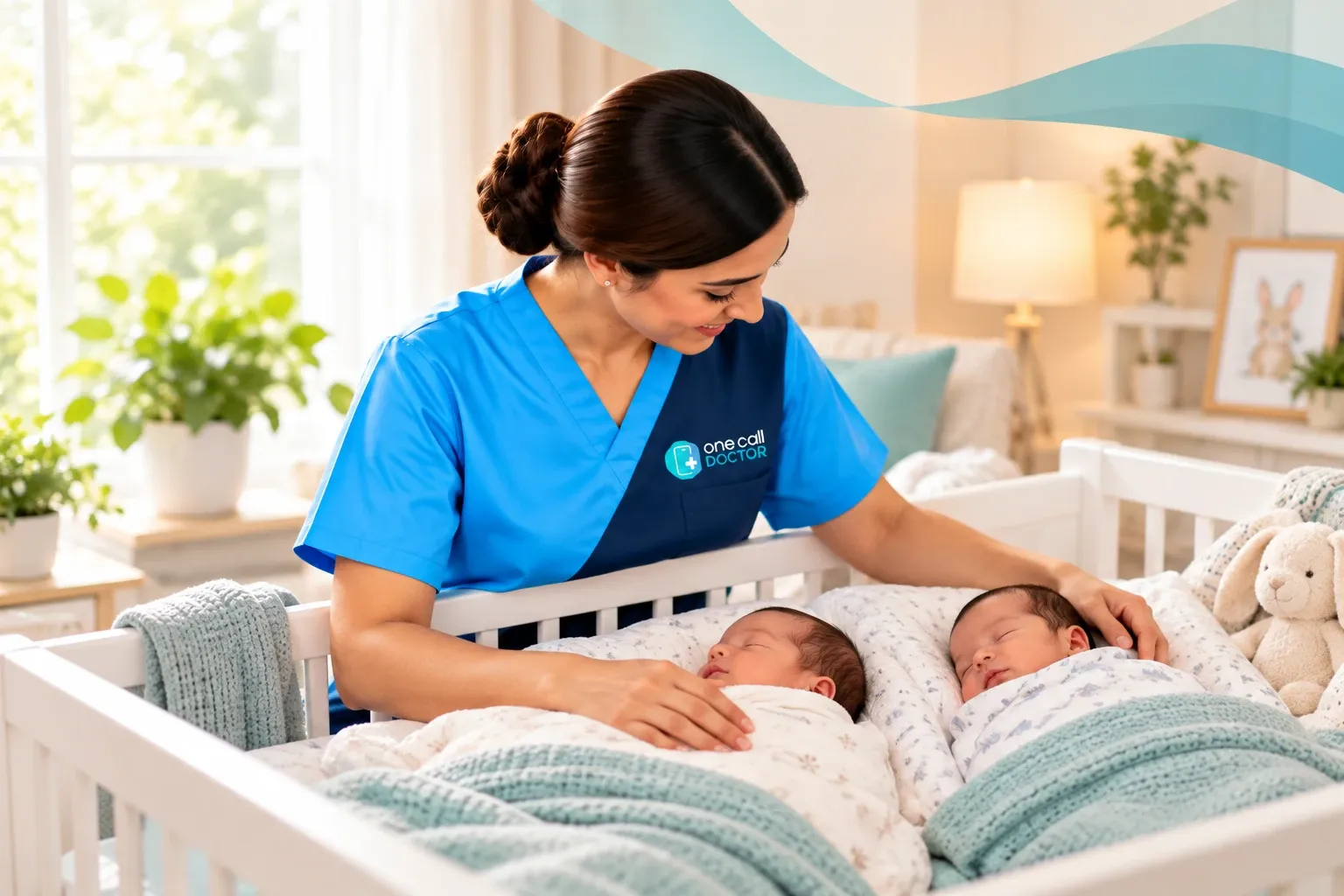 One Call Doctor nurse settling newborn twins in a cot