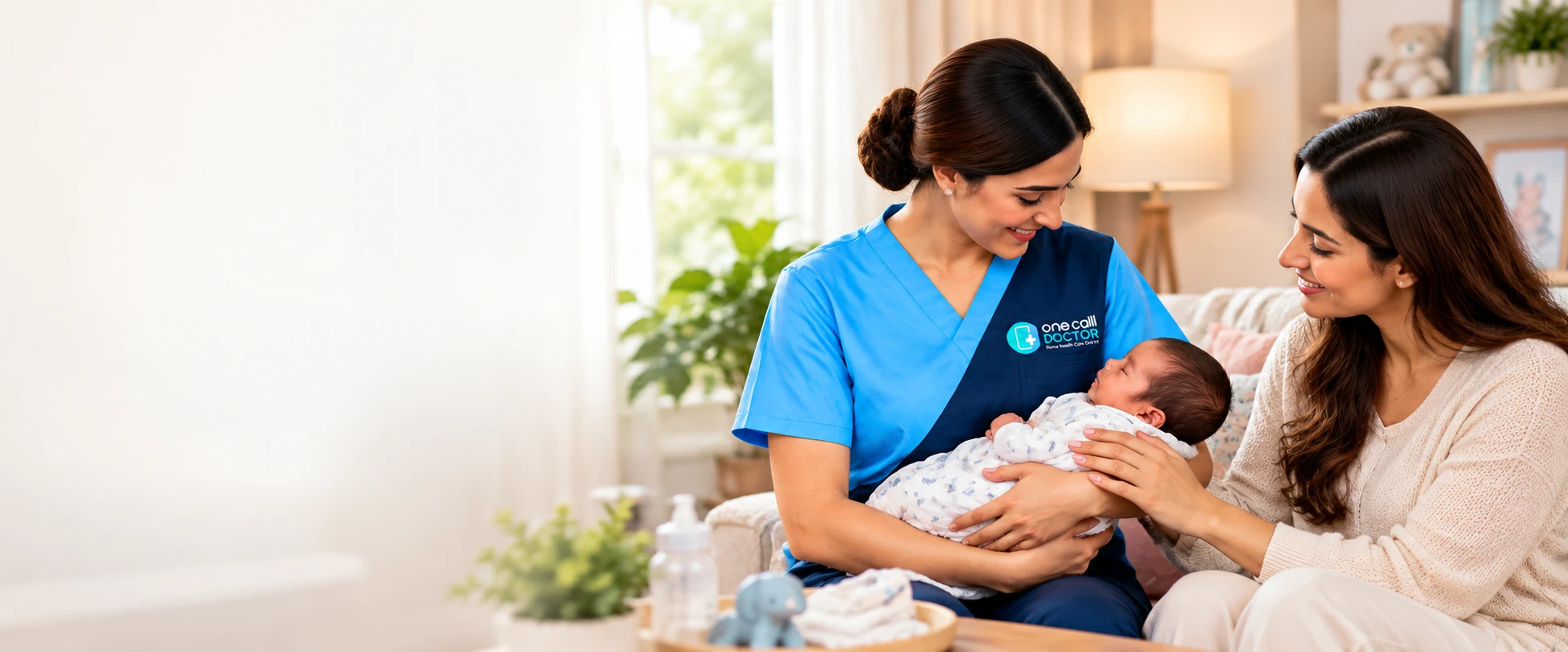 One Call Doctor nurse holding a newborn beside the baby's mother at home