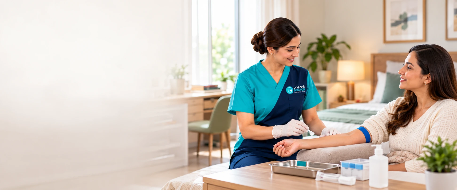 One Call Doctor nurse preparing a patient for a blood test at home in Dubai