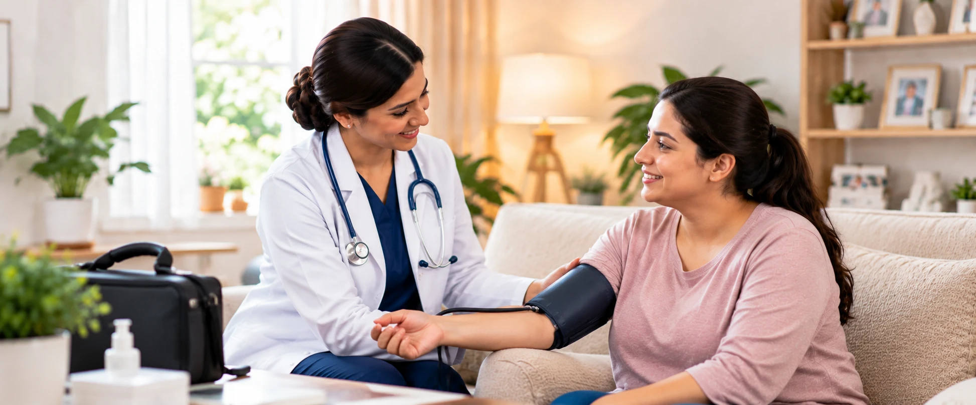 Doctor checking a woman’s blood pressure on her sofa at home