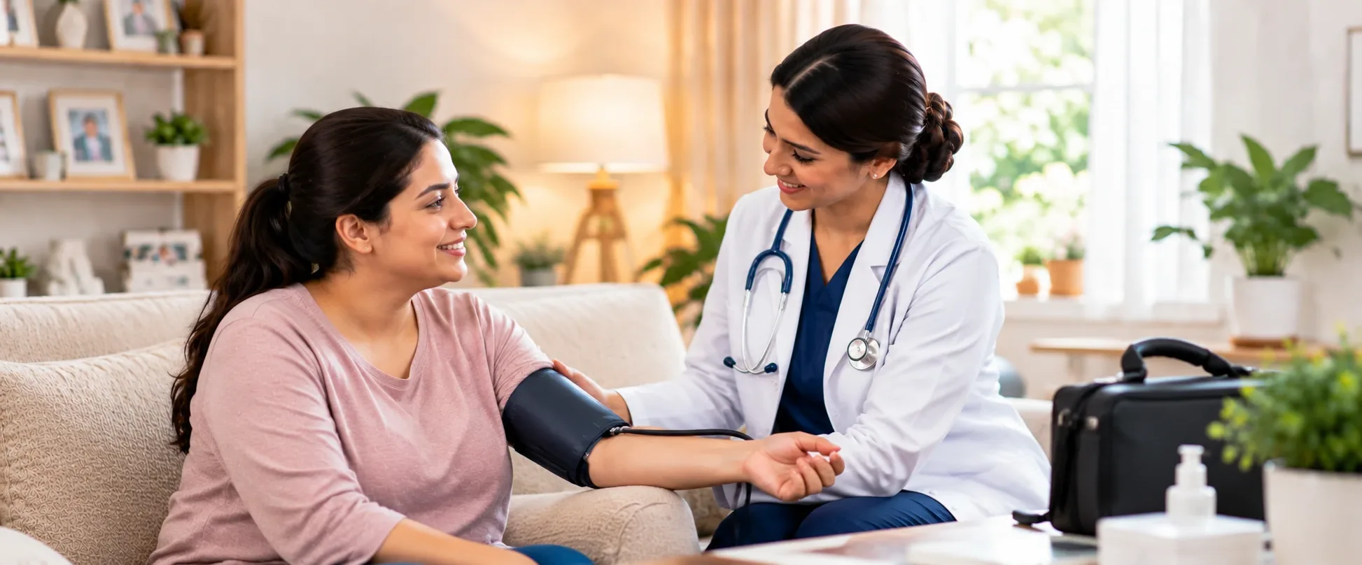 One Call Doctor doctor checking a woman’s blood pressure during a home visit in Dubai