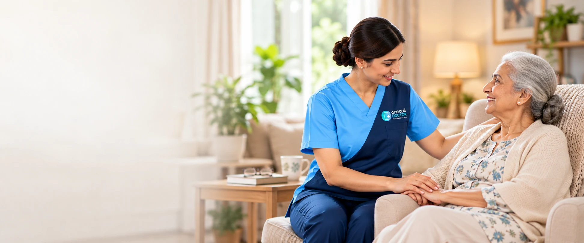 One Call Doctor nurse holding hands with an elderly woman at home