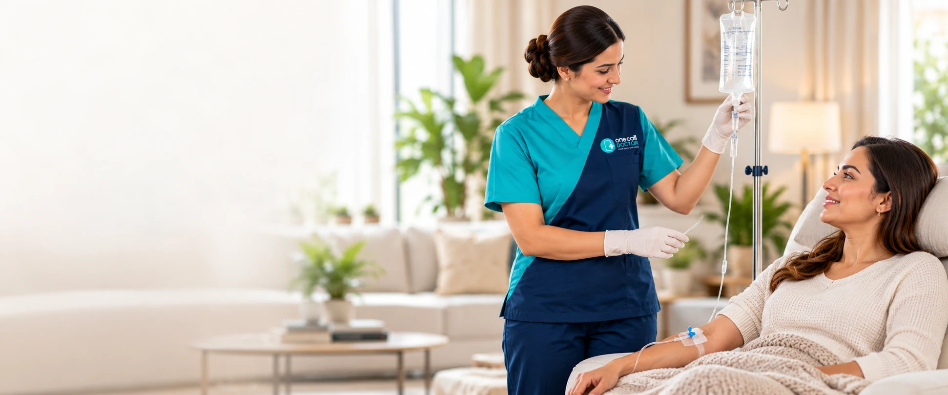 One Call Doctor nurse setting up an IV drip for a patient at home in Dubai