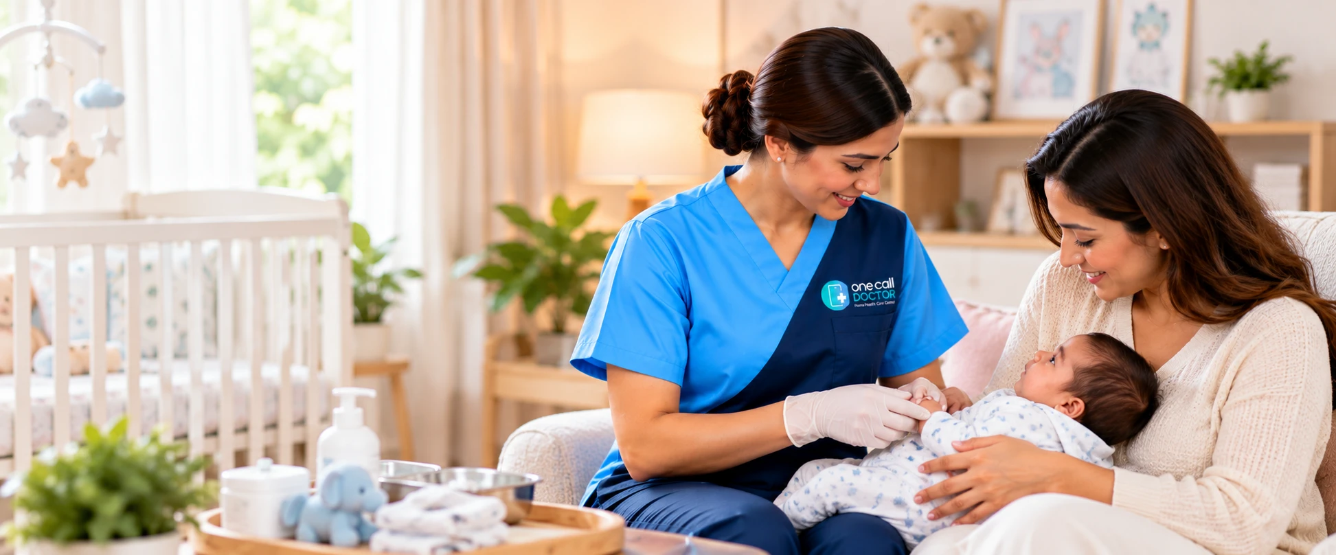 Nurse caring for a newborn with the mother at home