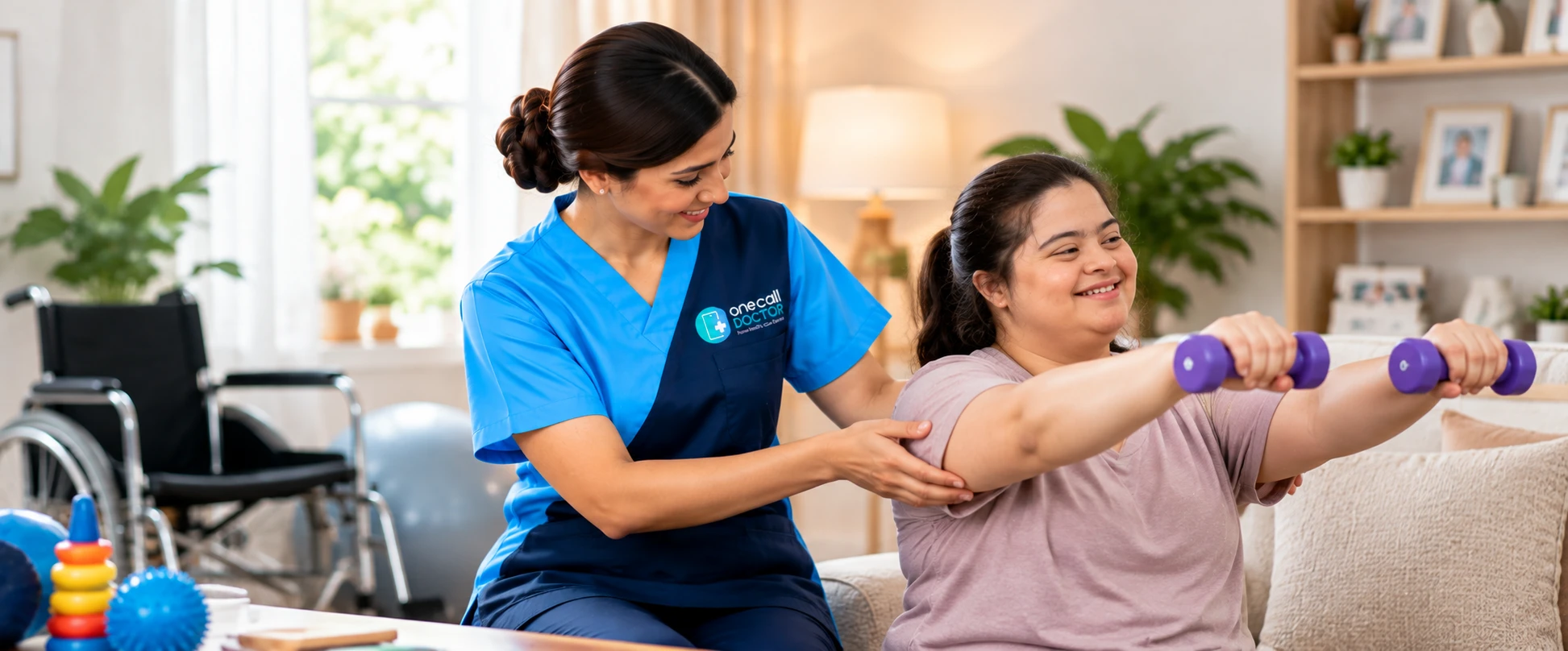 One Call Doctor therapist supporting a young woman with an arm exercise at home