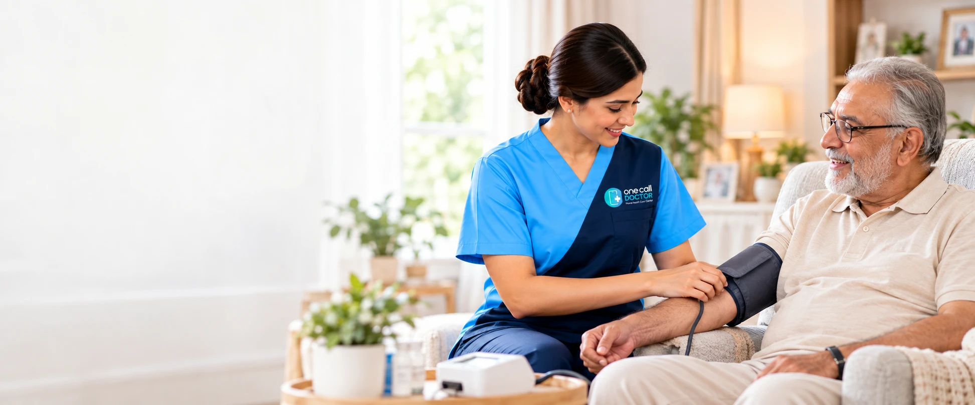 Nurse checking an older man’s blood pressure at home