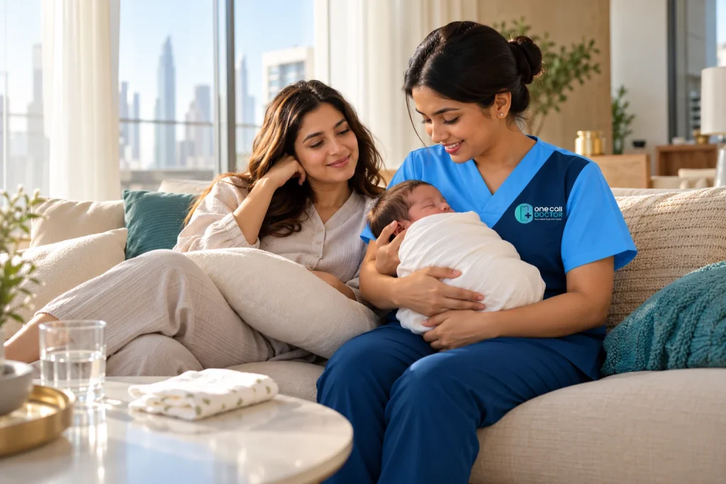 New mother resting on a sofa after a C-section while a nurse holds her sleeping newborn at home in Dubai This is the alt text from your publishing settings, with a few words added to match the picture: the sofa, the baby sleeping, and “in Dubai” for the skyline.