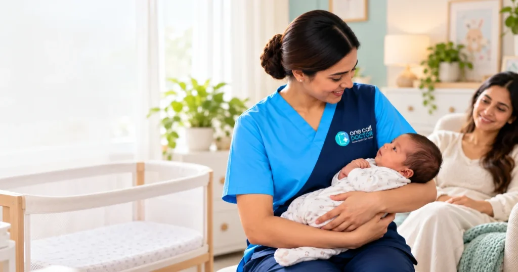 One Call Doctor newborn nurse holding a baby at home while the mother rests in Dubai