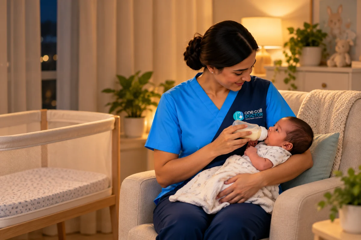 Night nurse bottle-feeding a newborn at home in Dubai