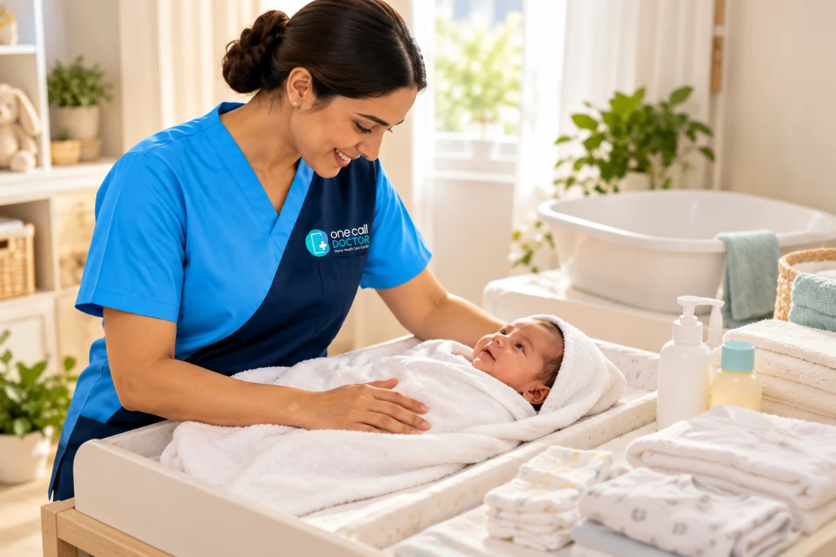 Newborn nurse wrapping a baby in a towel after bath time at home